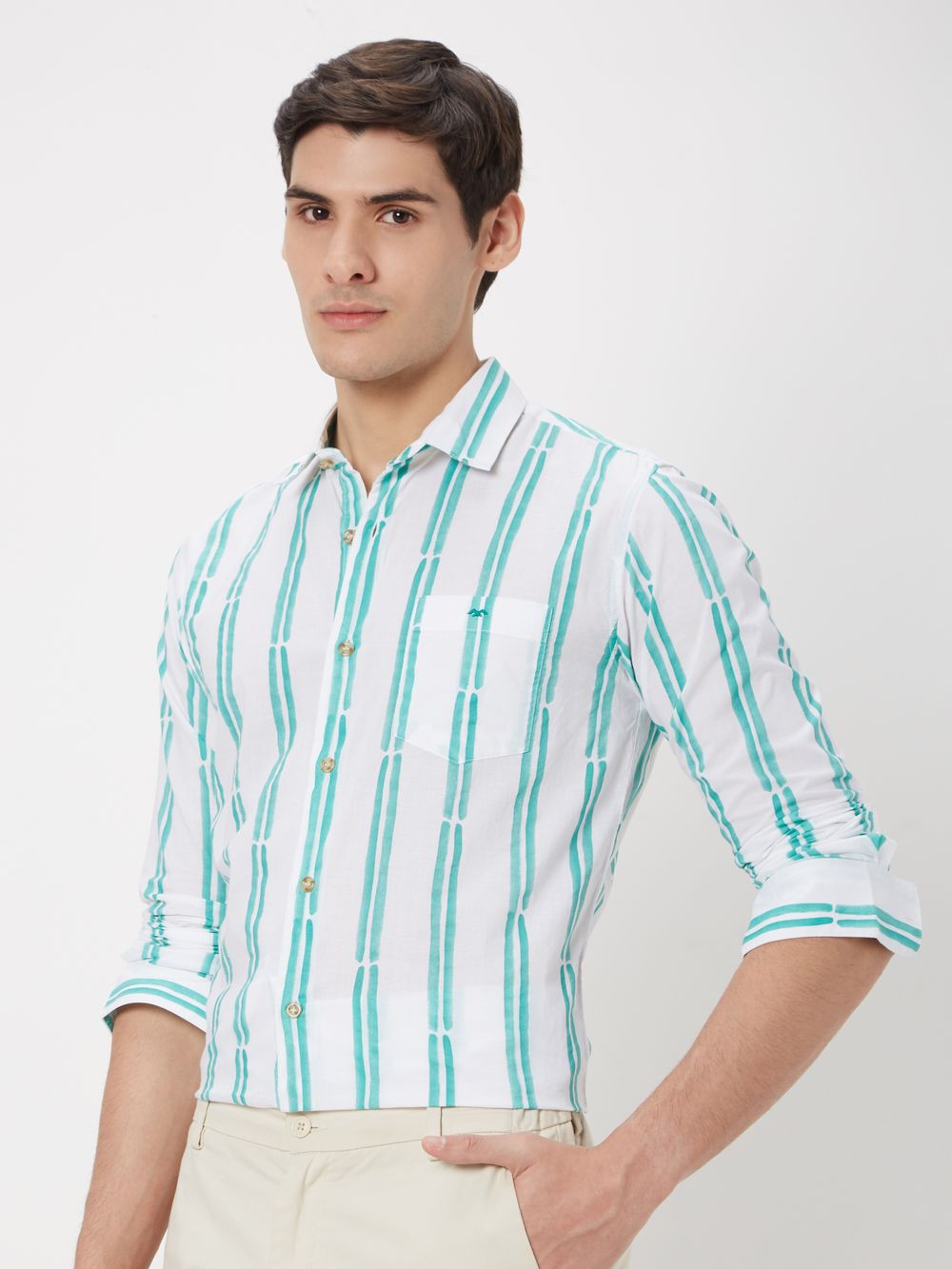 Green & White Printed Stripe Slim Fit Casual Shirt