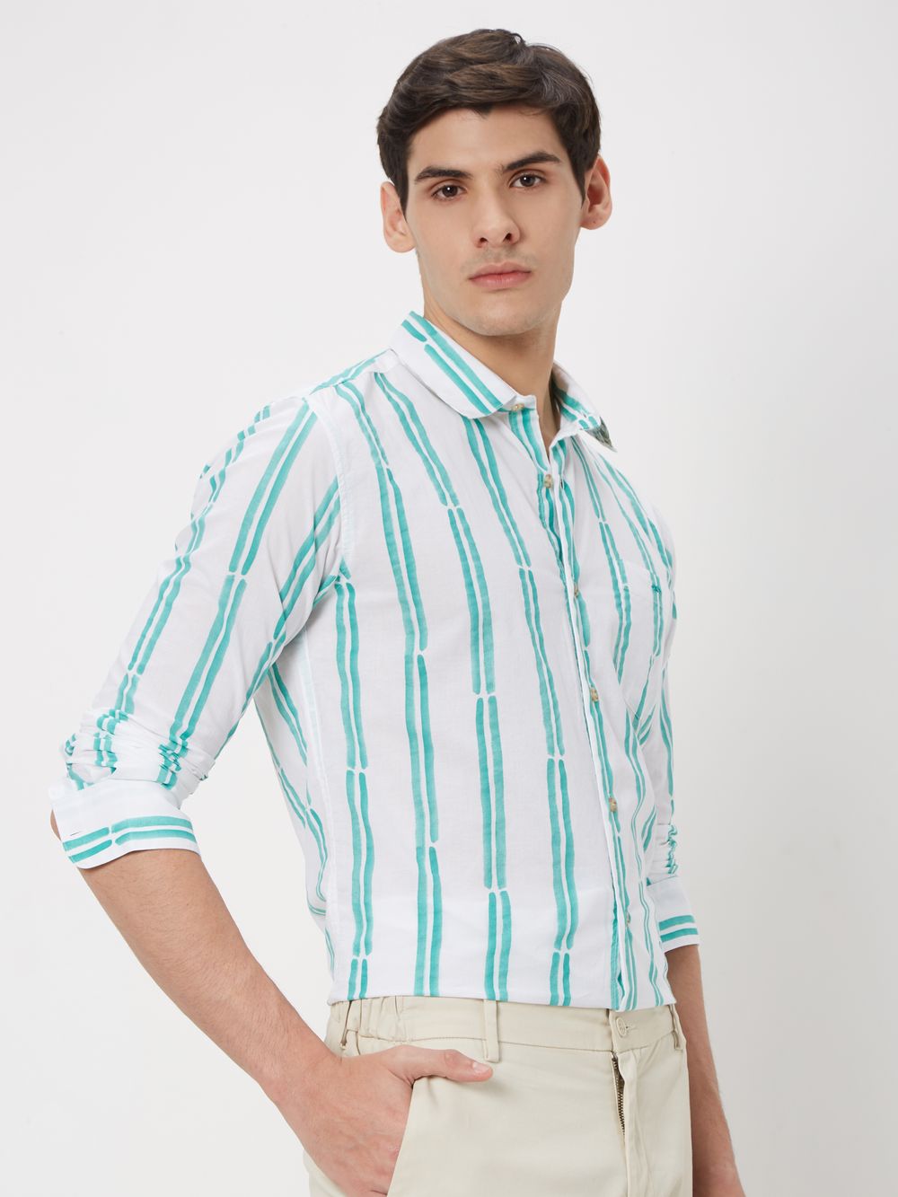 Green & White Printed Stripe Slim Fit Casual Shirt