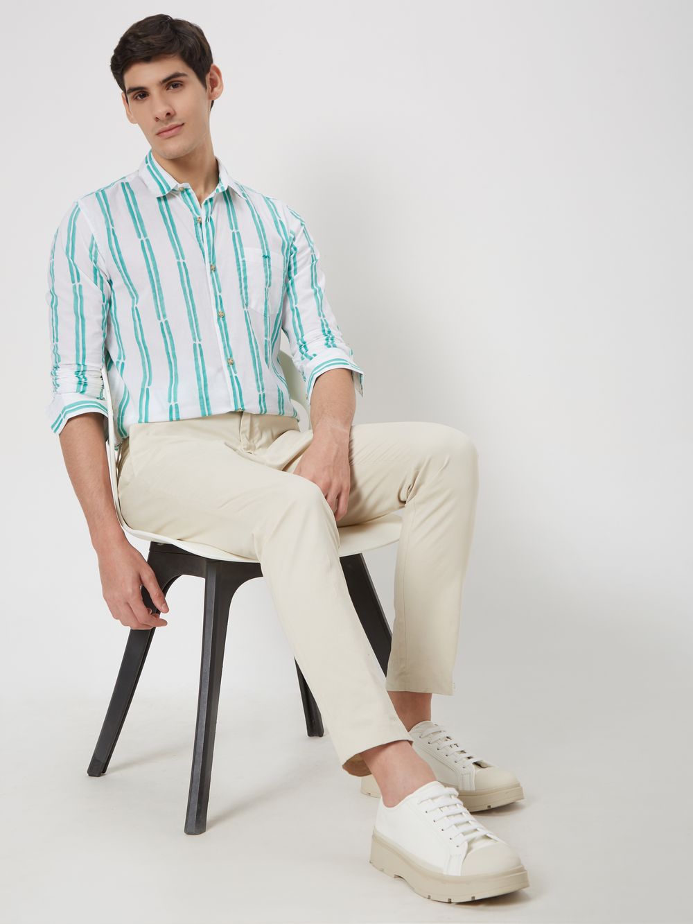 Green & White Printed Stripe Slim Fit Casual Shirt