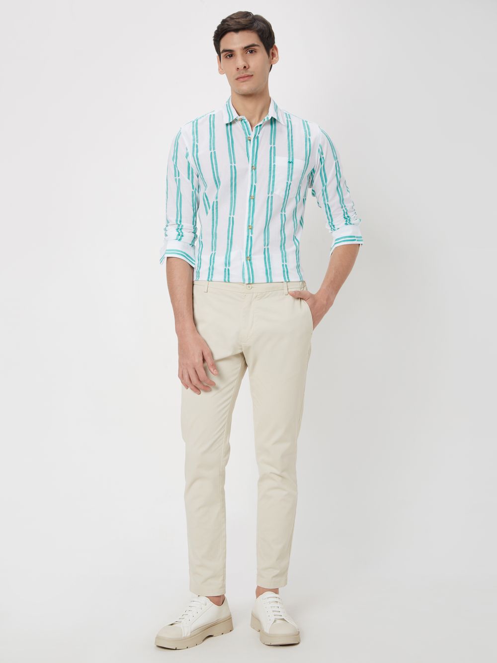 Green & White Printed Stripe Slim Fit Casual Shirt