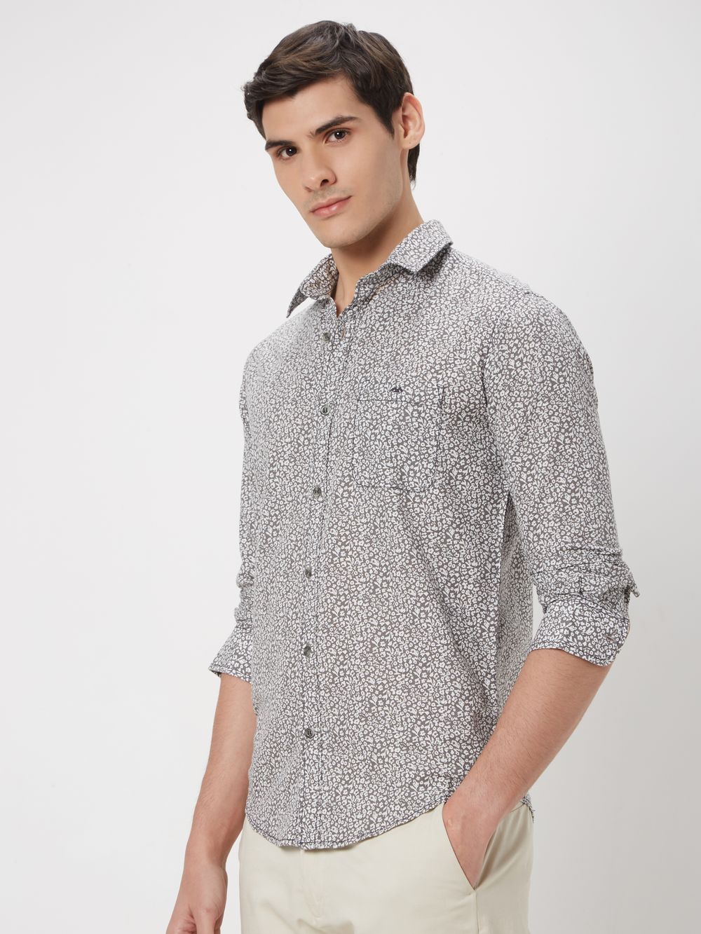 Grey & White Floral Print Slim Fit Casual Shirt