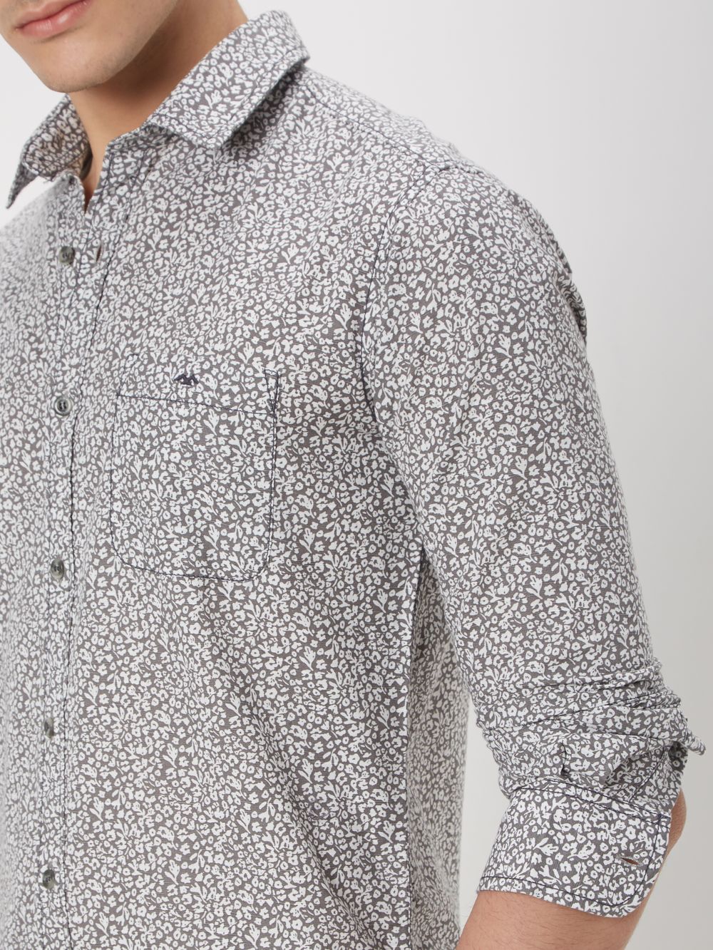 Grey & White Floral Print Slim Fit Casual Shirt
