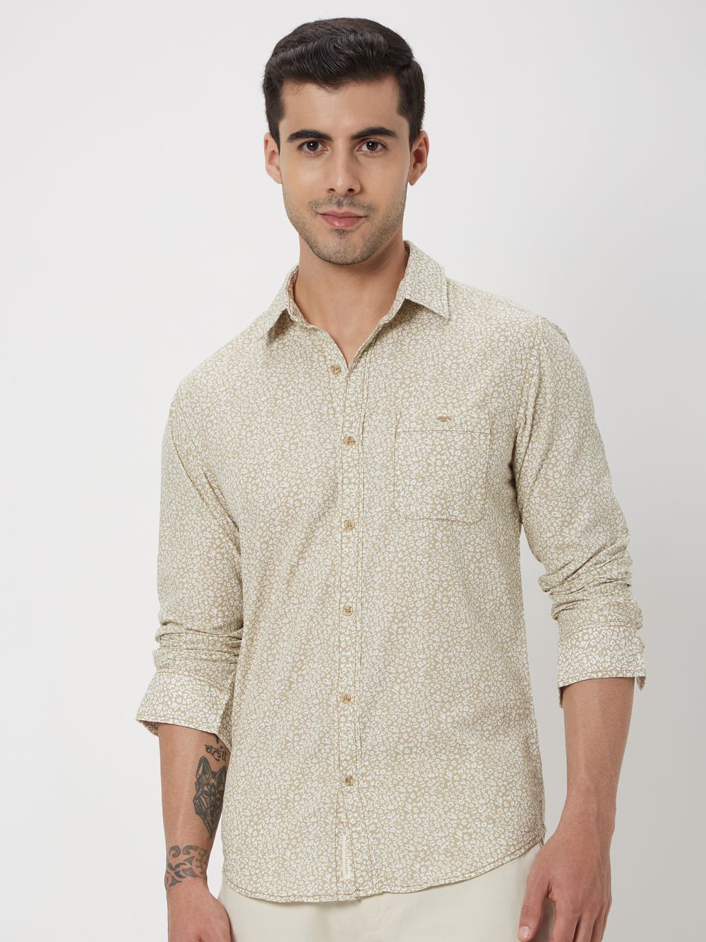 Beige & White Floral Print Slim Fit Casual Shirt