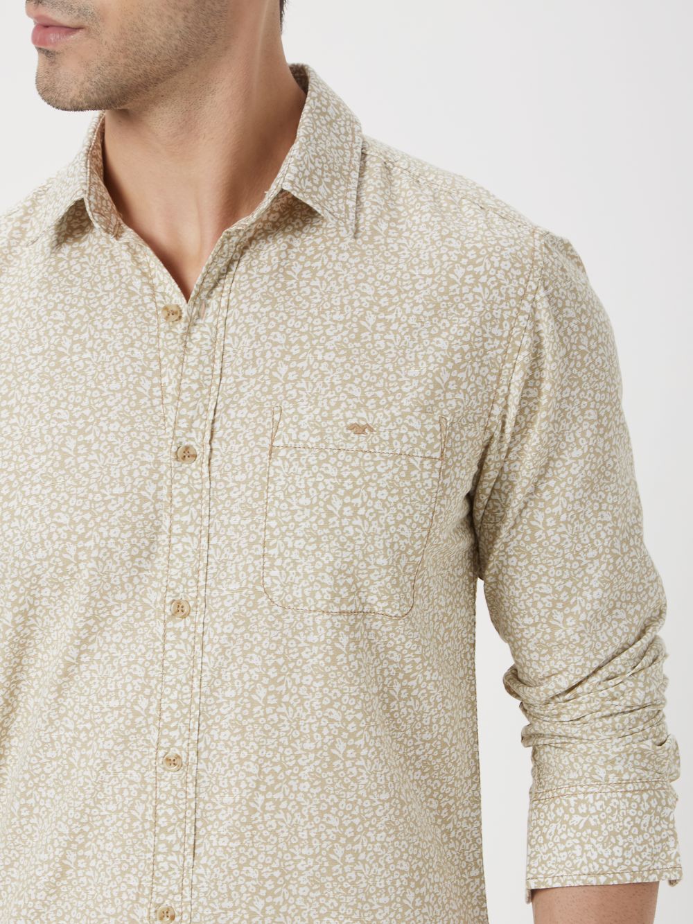 Beige & White Floral Print Slim Fit Casual Shirt
