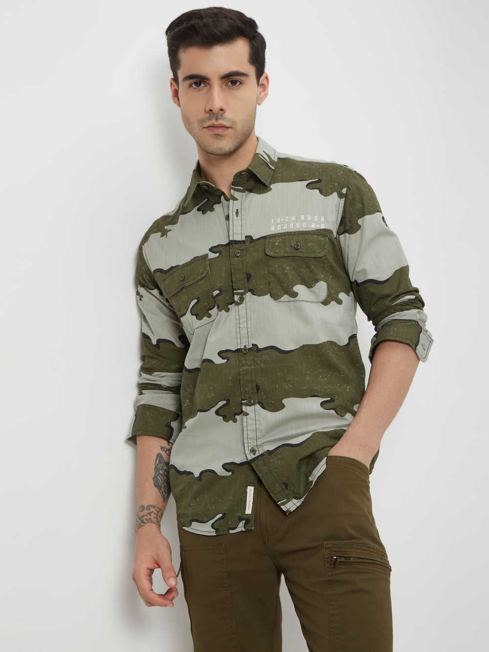 Olive & Grey Camo Print Slim Fit Casual Shirt