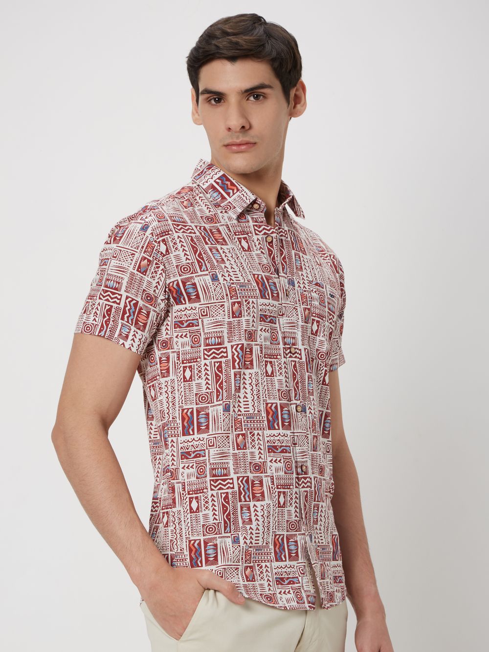 Red & White Artisanal Print Slim Fit Casual Shirt