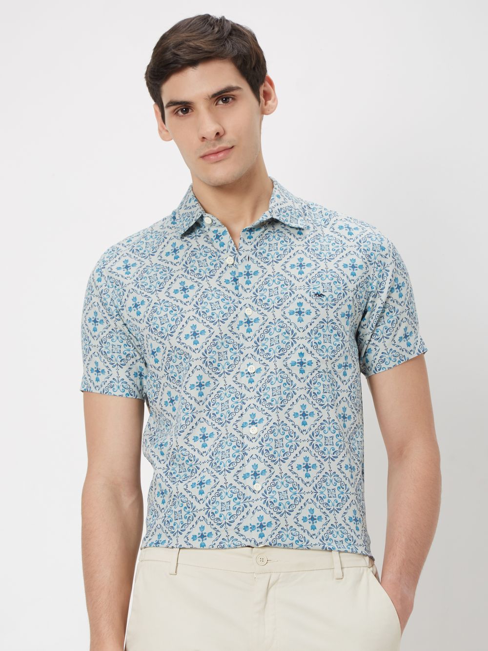 Turquoise Tileprint Slim Fit Casual Shirt