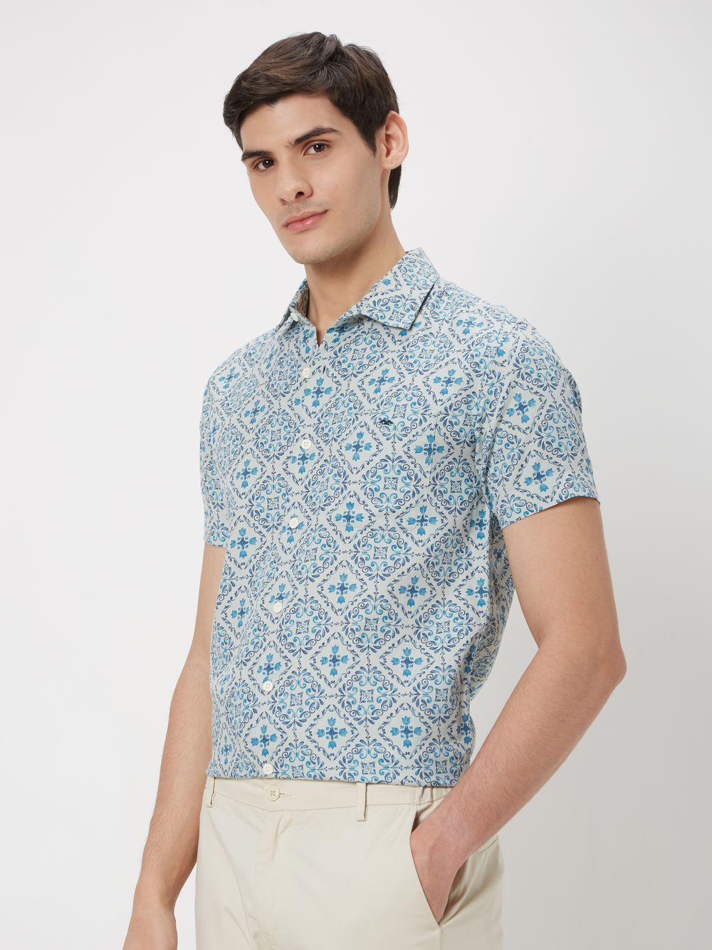 Turquoise Tileprint Slim Fit Casual Shirt