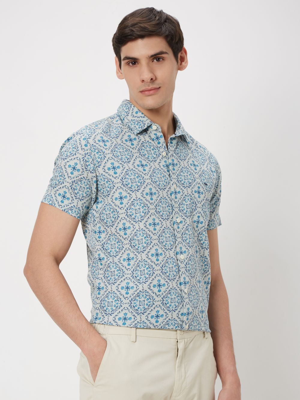 Turquoise Tileprint Slim Fit Casual Shirt