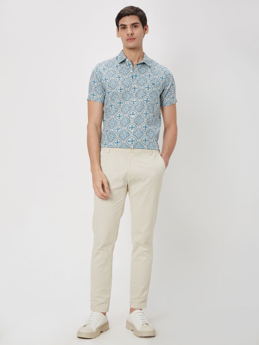 Turquoise Tileprint Slim Fit Casual Shirt