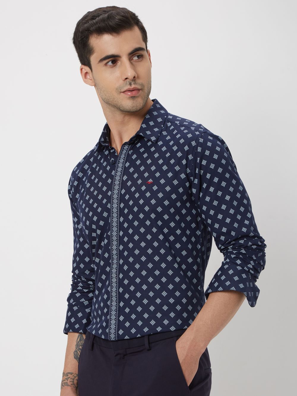 Navy & White Artisanal Print Slim Fit Casual Shirt