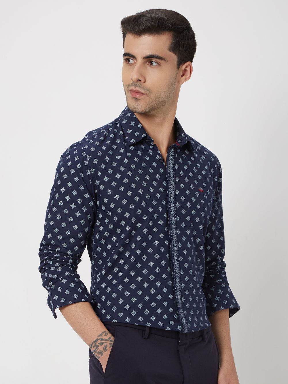 Navy & White Artisanal Print Slim Fit Casual Shirt