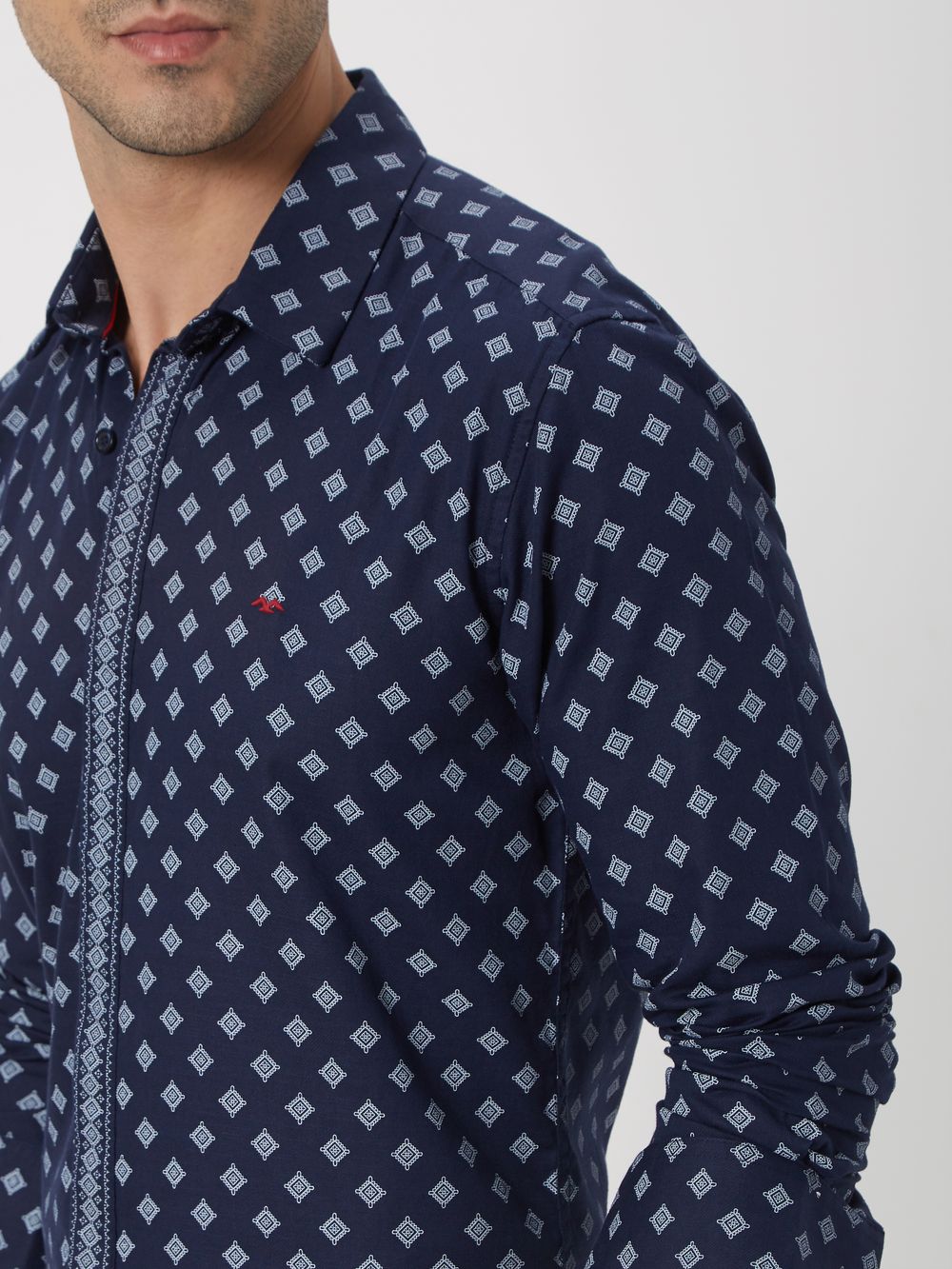 Navy & White Artisanal Print Slim Fit Casual Shirt