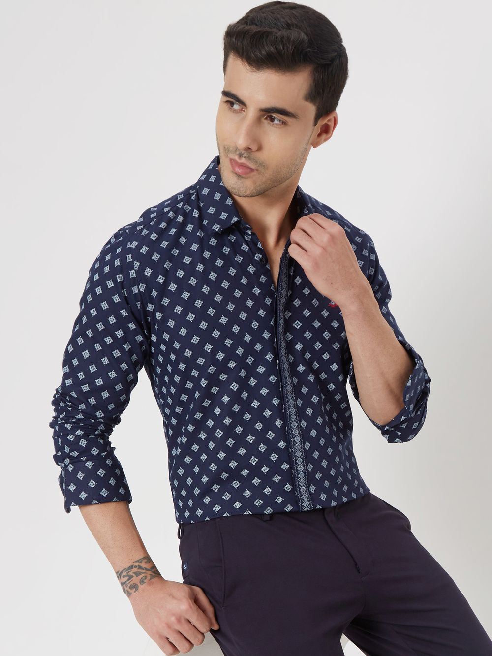 Navy & White Artisanal Print Slim Fit Casual Shirt