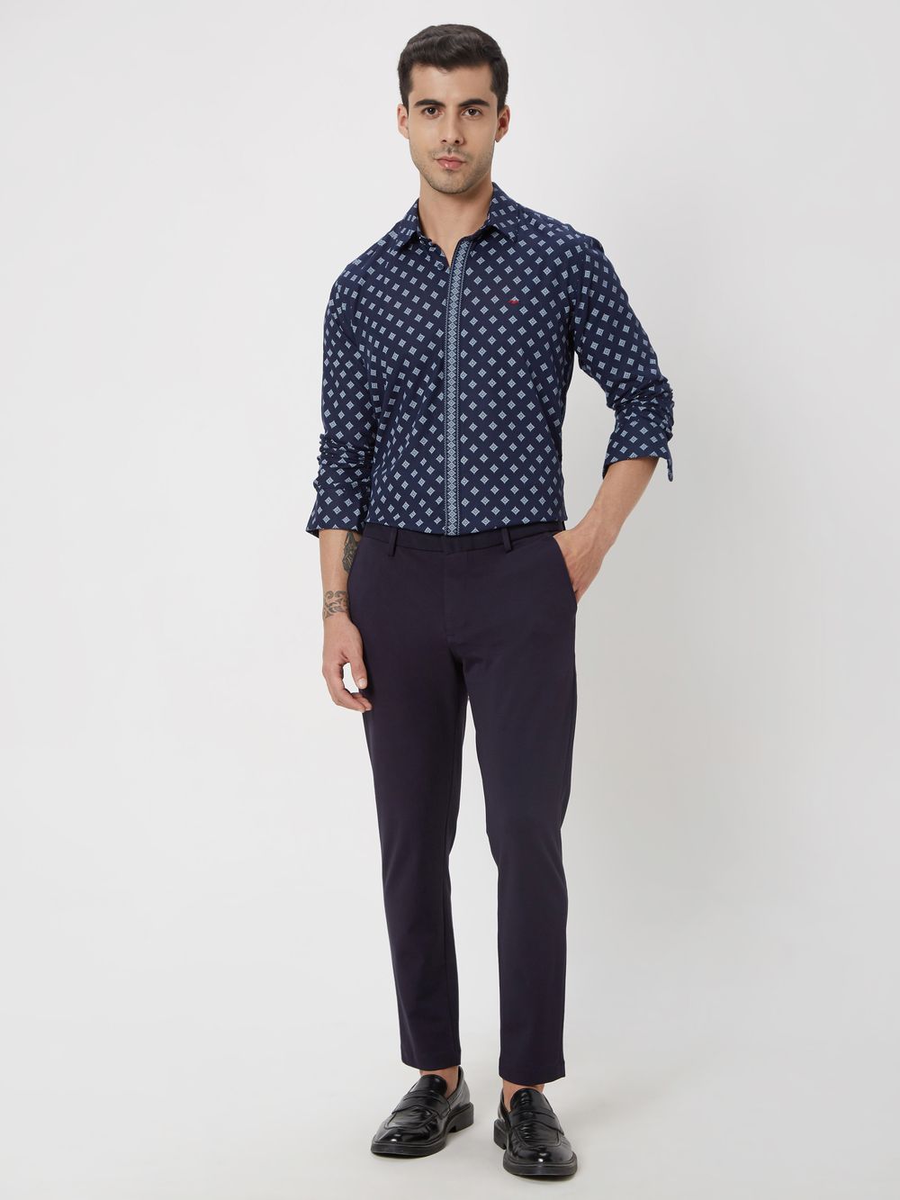 Navy & White Artisanal Print Slim Fit Casual Shirt