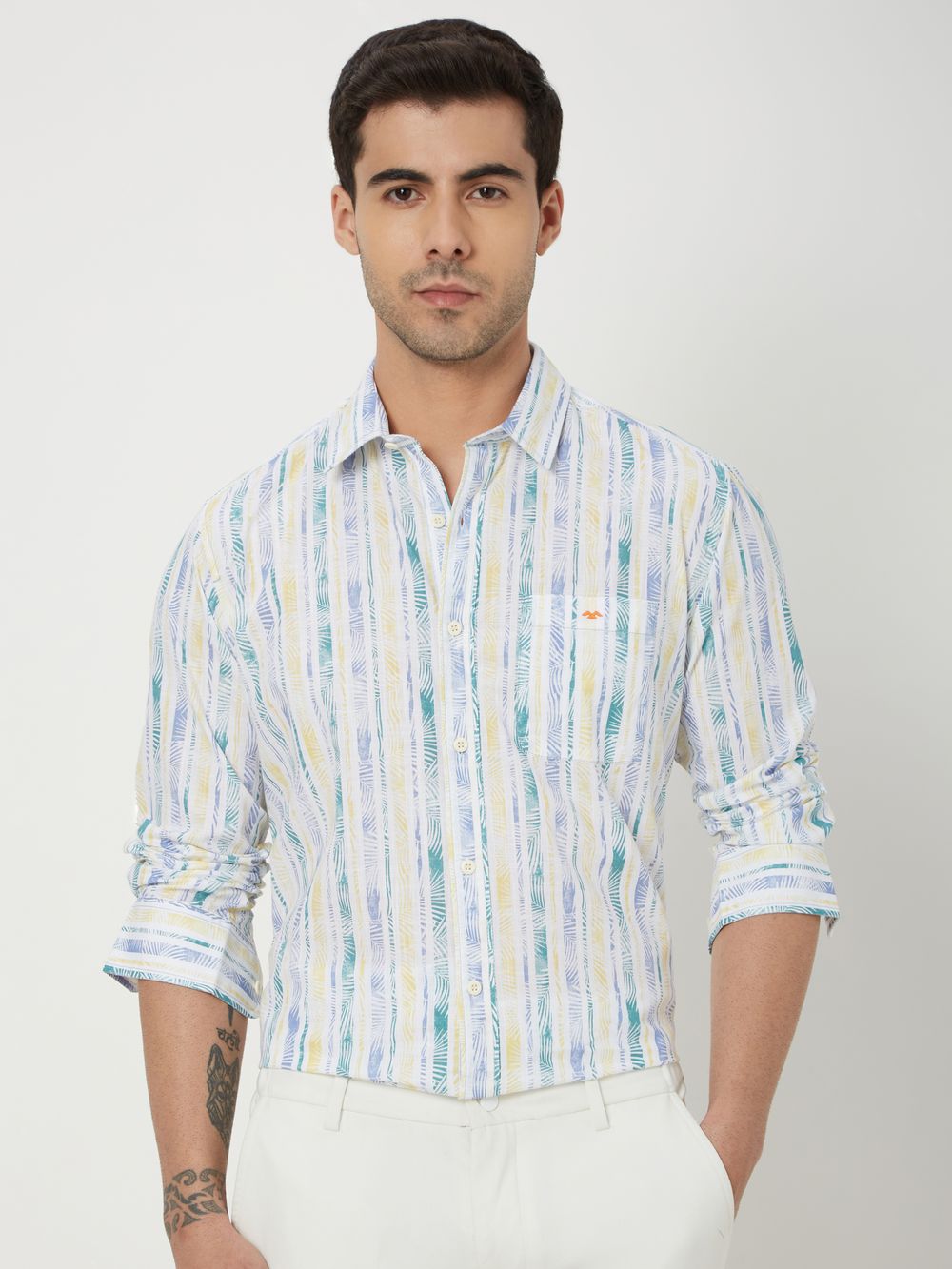 Off White & Yellow Leaf Print Slim Fit Casual Shirt