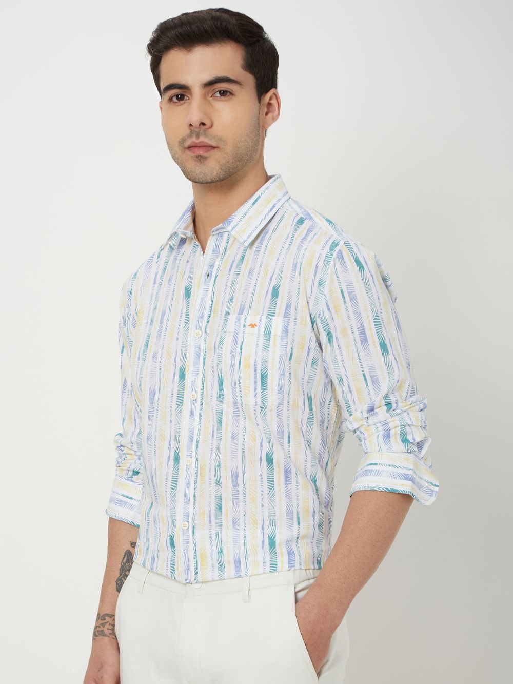 Off White & Yellow Leaf Print Slim Fit Casual Shirt