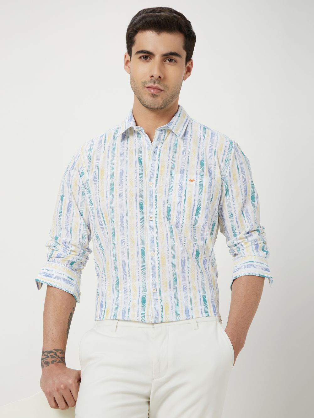 Off White & Yellow Leaf Print Slim Fit Casual Shirt