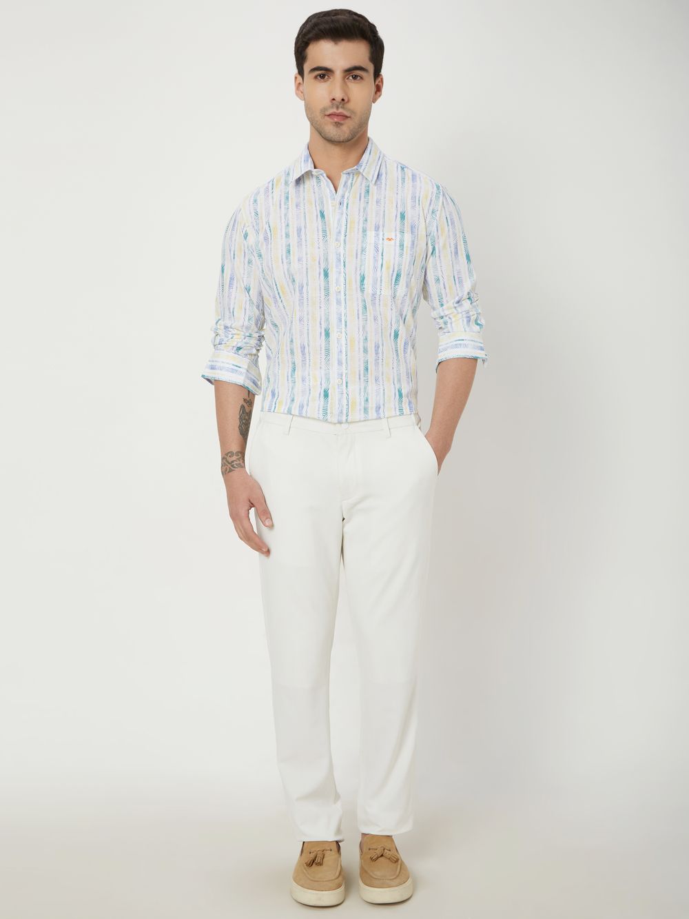 Off White & Yellow Leaf Print Slim Fit Casual Shirt