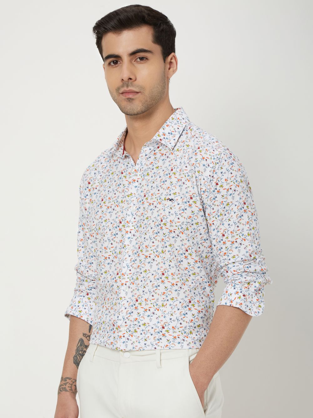 White & Multi Floral Print Slim Fit Casual Shirt