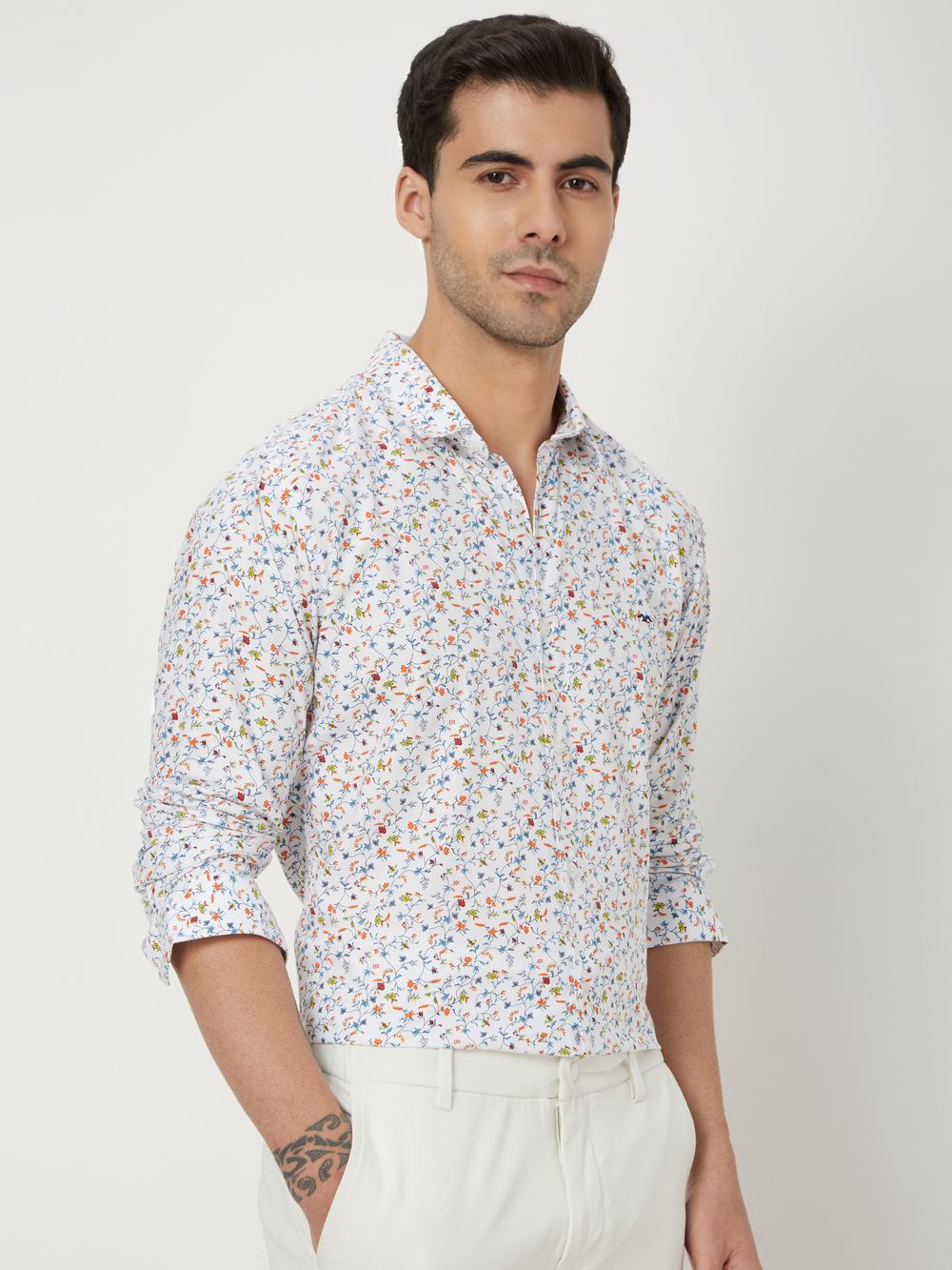 White & Multi Floral Print Slim Fit Casual Shirt