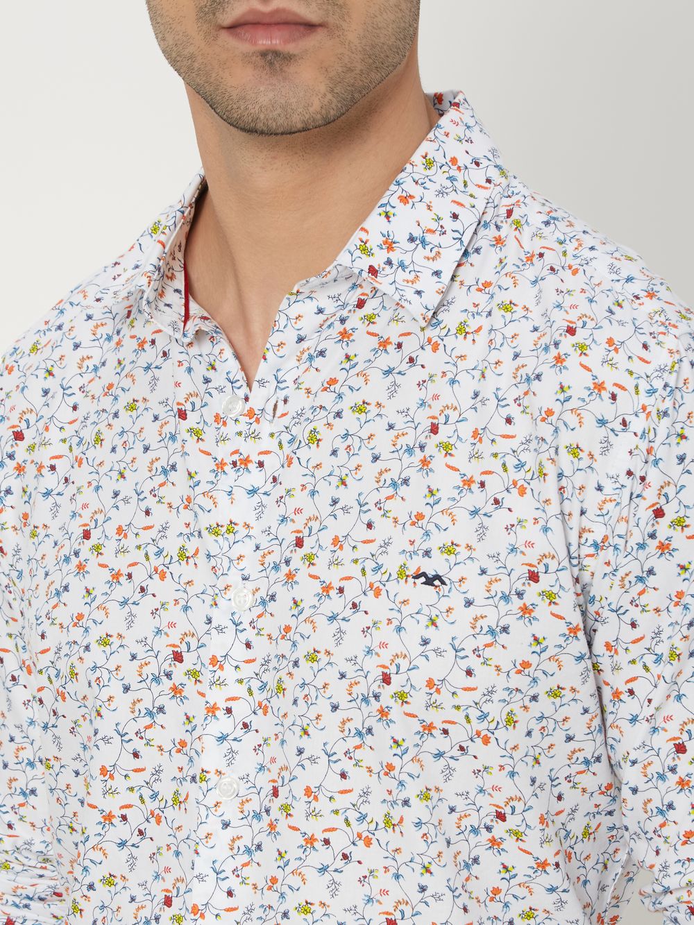 White & Multi Floral Print Slim Fit Casual Shirt