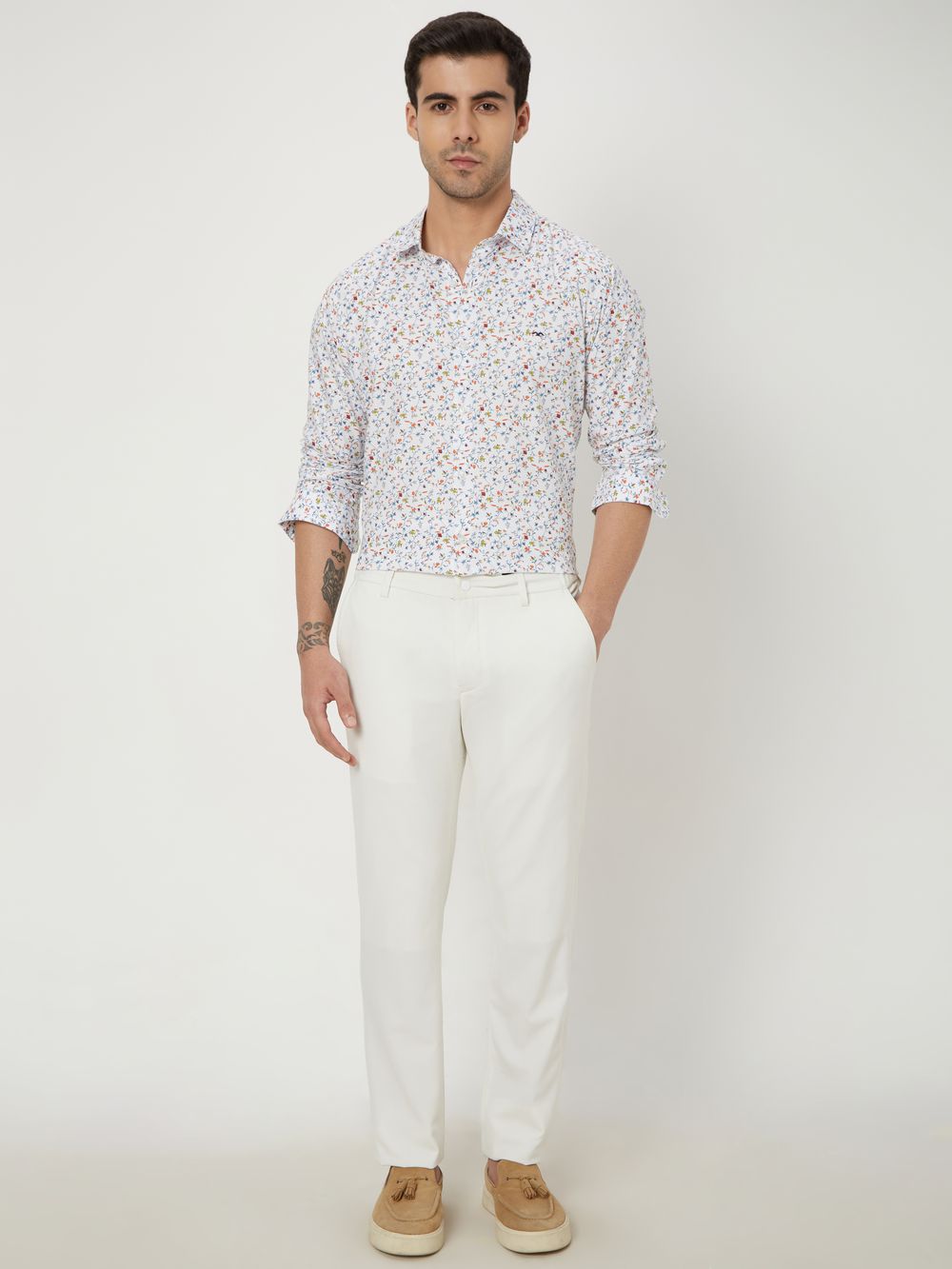 White & Multi Floral Print Slim Fit Casual Shirt