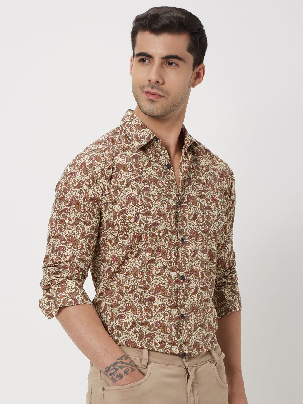 Beige Paisley Print Slim Fit Casual Shirt