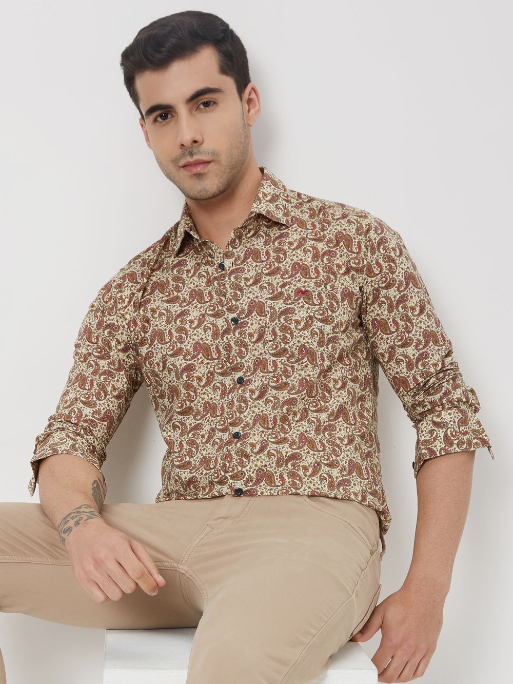 Beige Paisley Print Slim Fit Casual Shirt