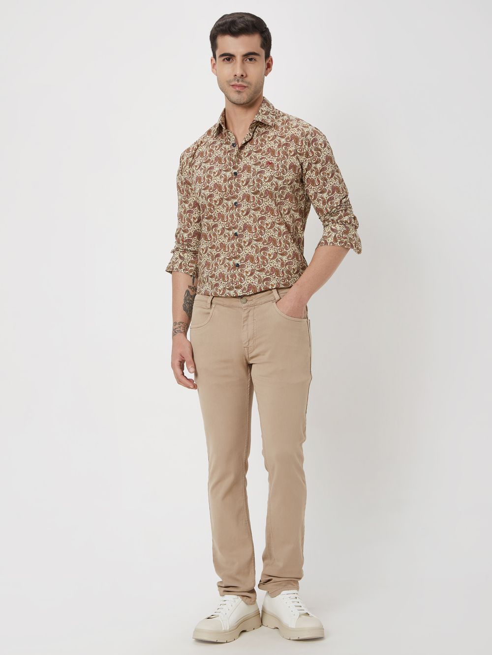 Beige Paisley Print Slim Fit Casual Shirt