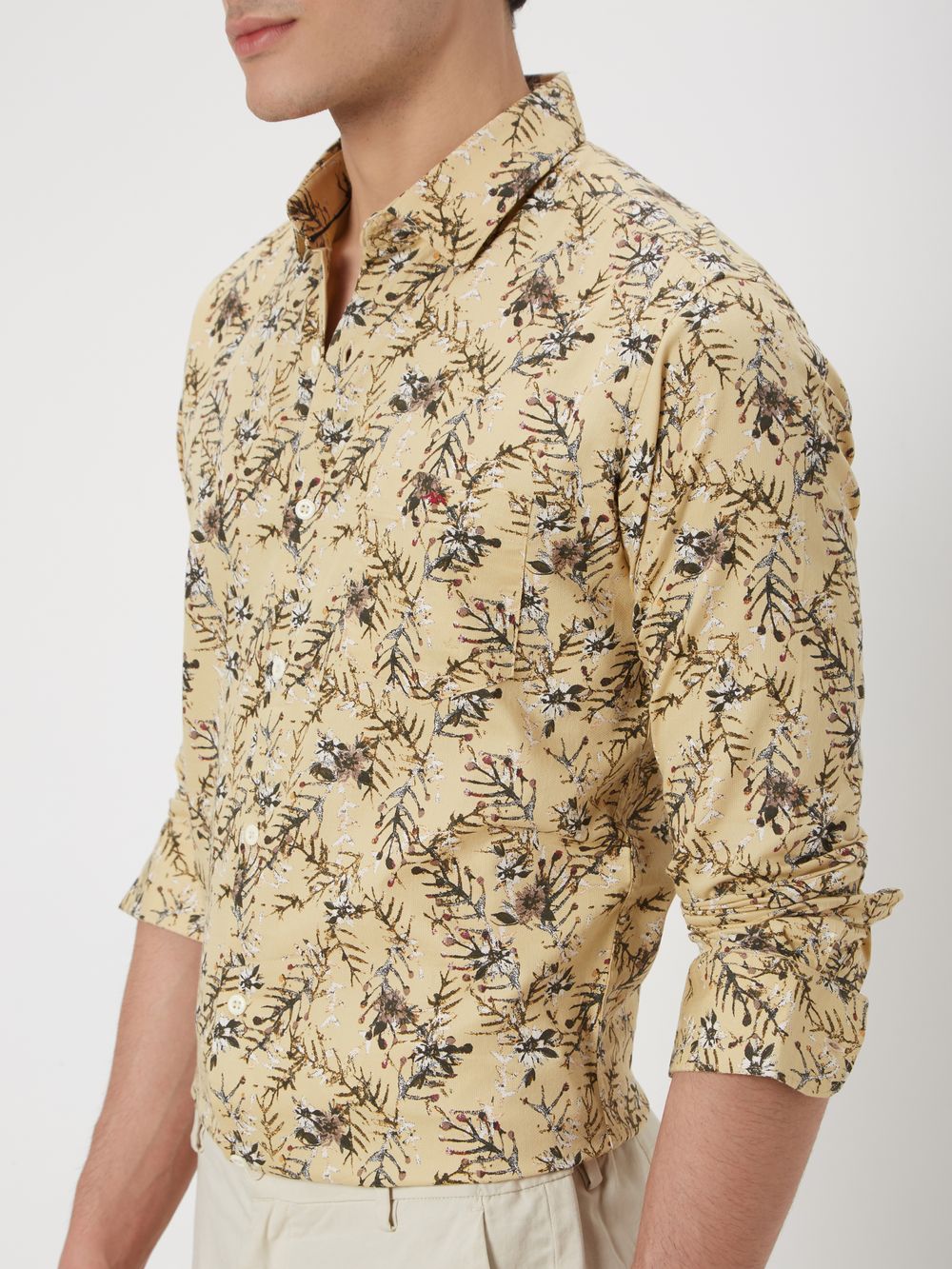 Yellow & Multi Floral Print Slim Fit Casual Shirt