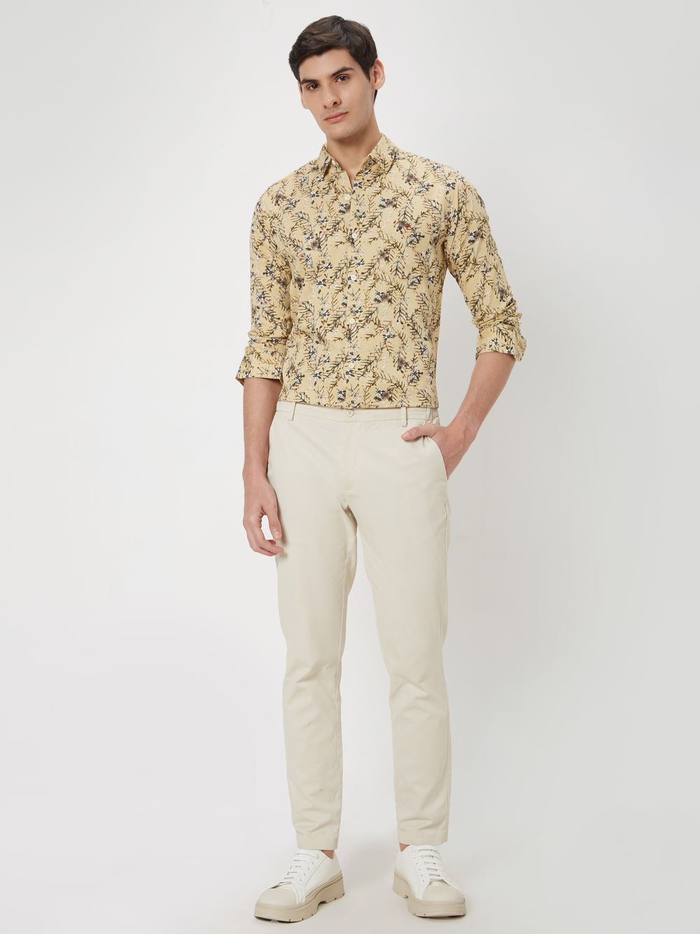 Yellow & Multi Floral Print Slim Fit Casual Shirt