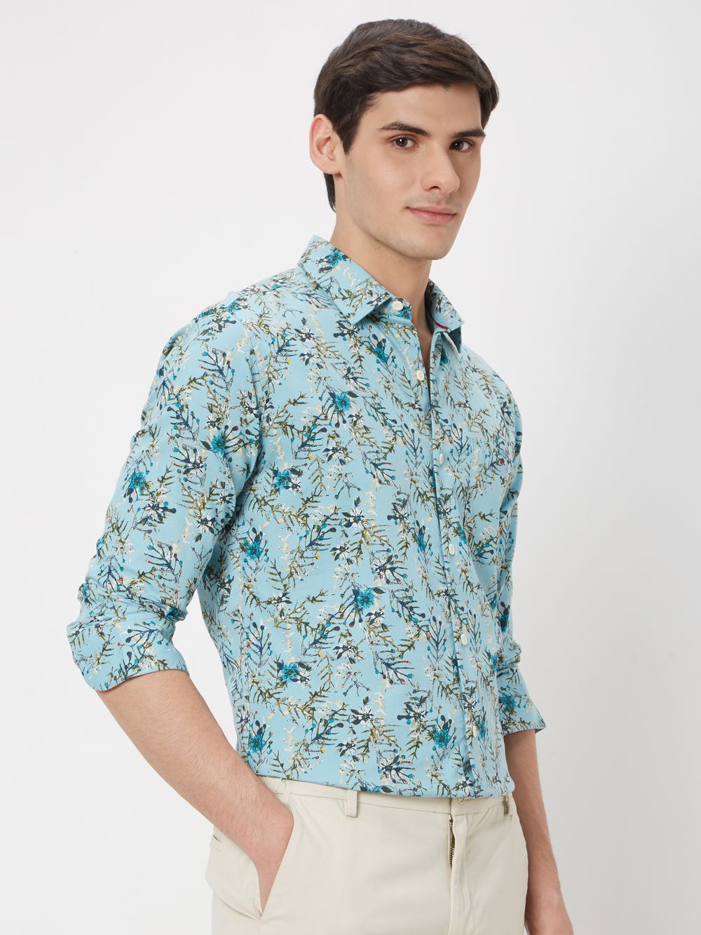 Turquoise & Multi Floral Print Slim Fit Casual Shirt