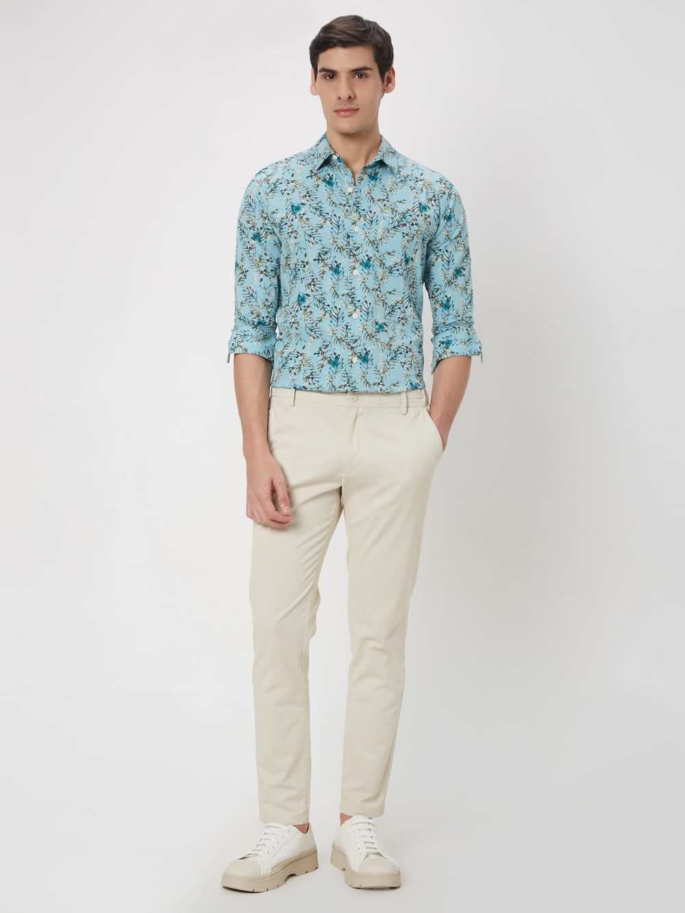 Turquoise & Multi Floral Print Slim Fit Casual Shirt