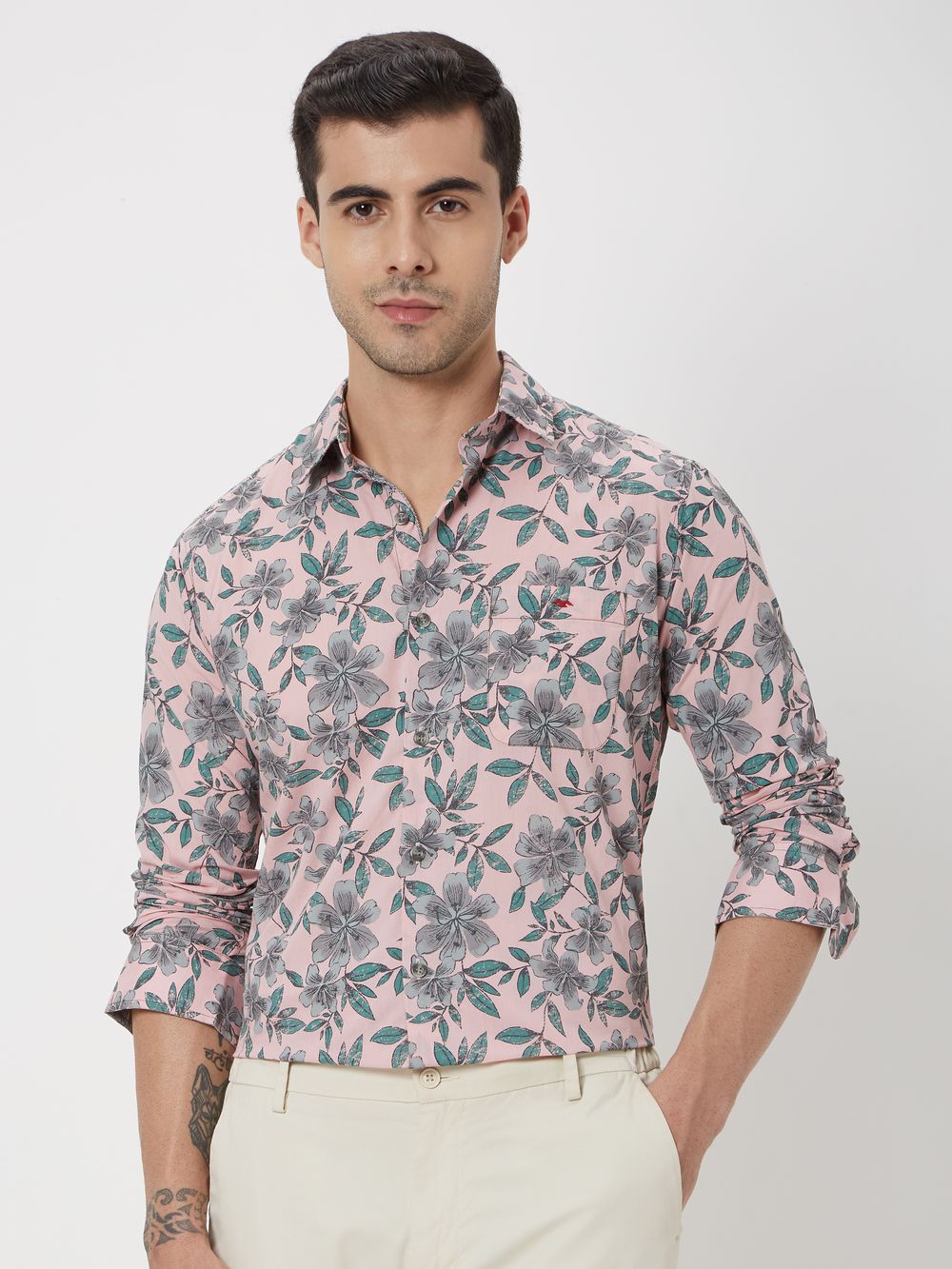Pink & White Floral Print Slim Fit Casual Shirt