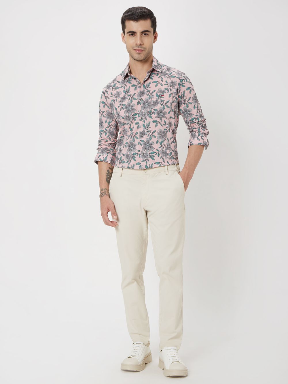 Pink & White Floral Print Slim Fit Casual Shirt