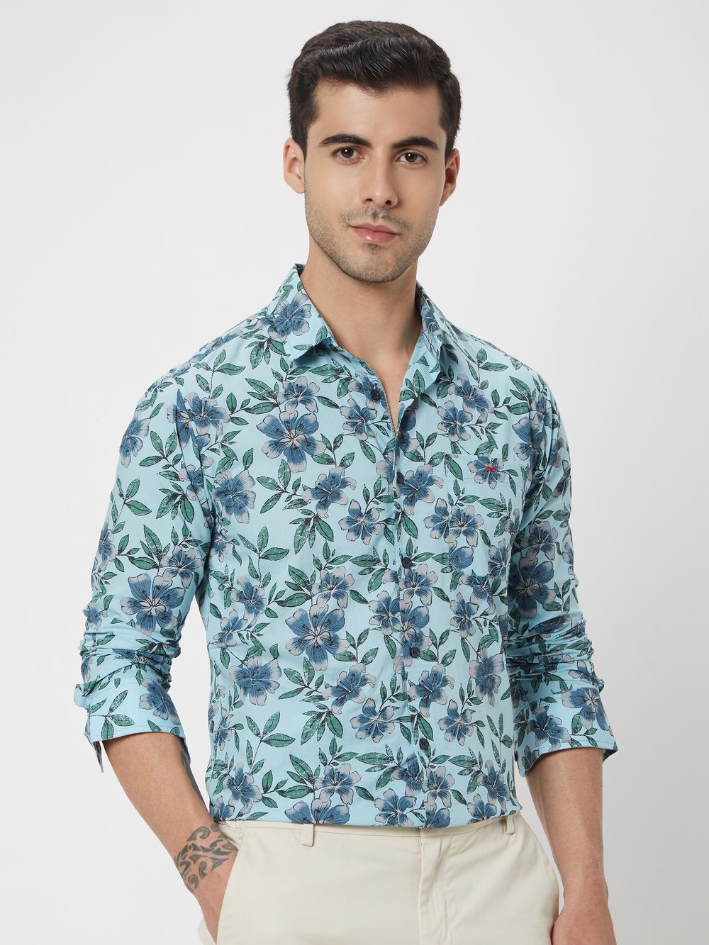 Blue & White Floral Print Slim Fit Casual Shirt