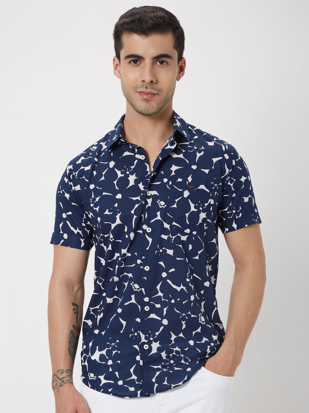 Navy & White Floral Print Slim Fit Casual Shirt
