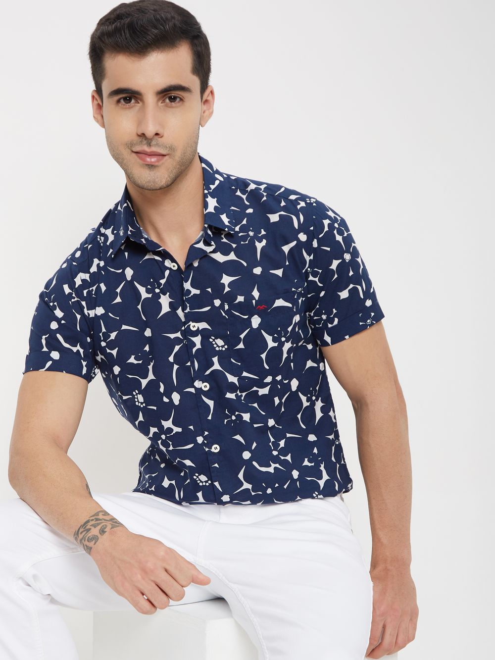 Navy & White Floral Print Slim Fit Casual Shirt