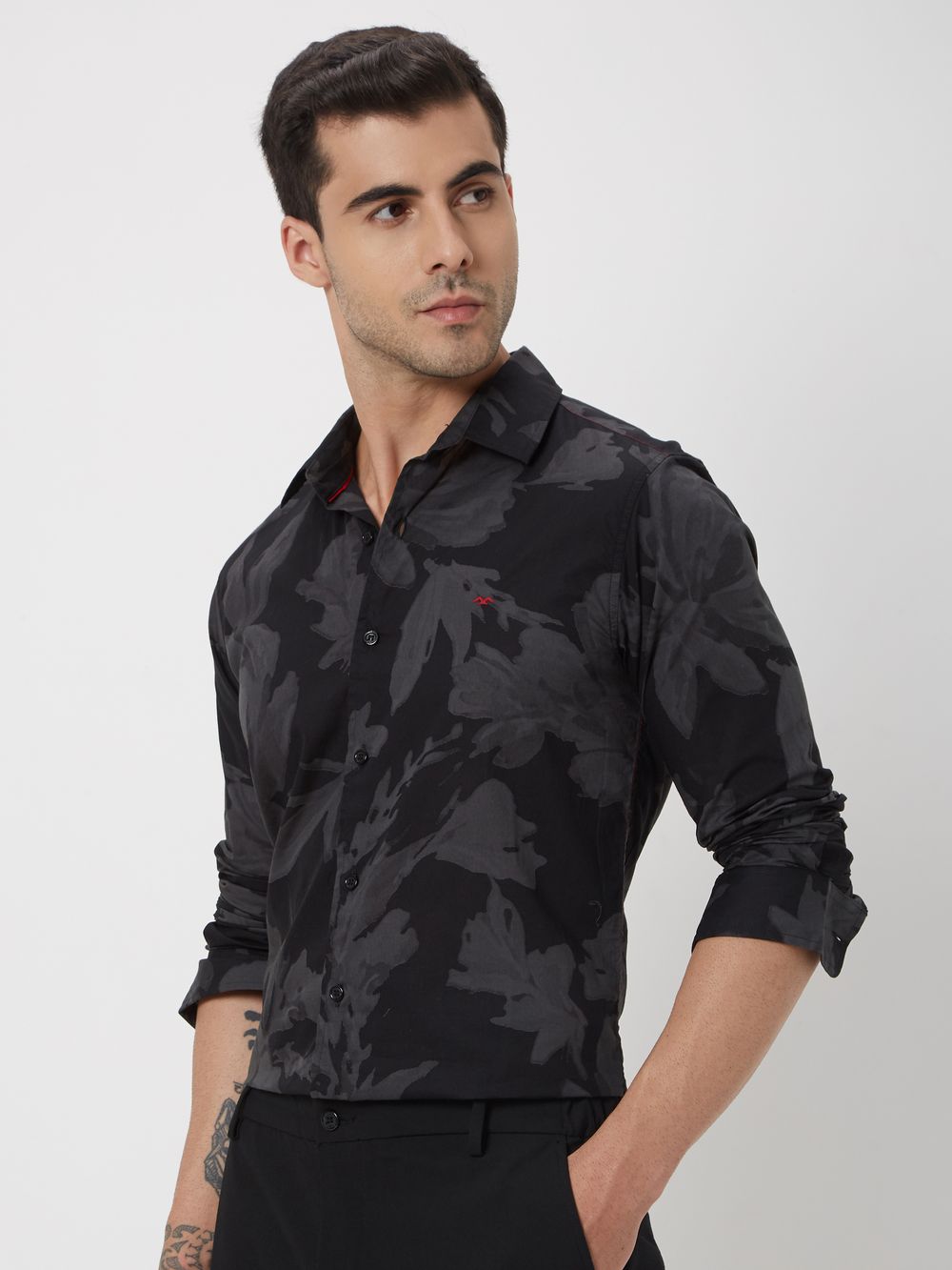 Black & Grey Floral Print Slim Fit Casual Shirt