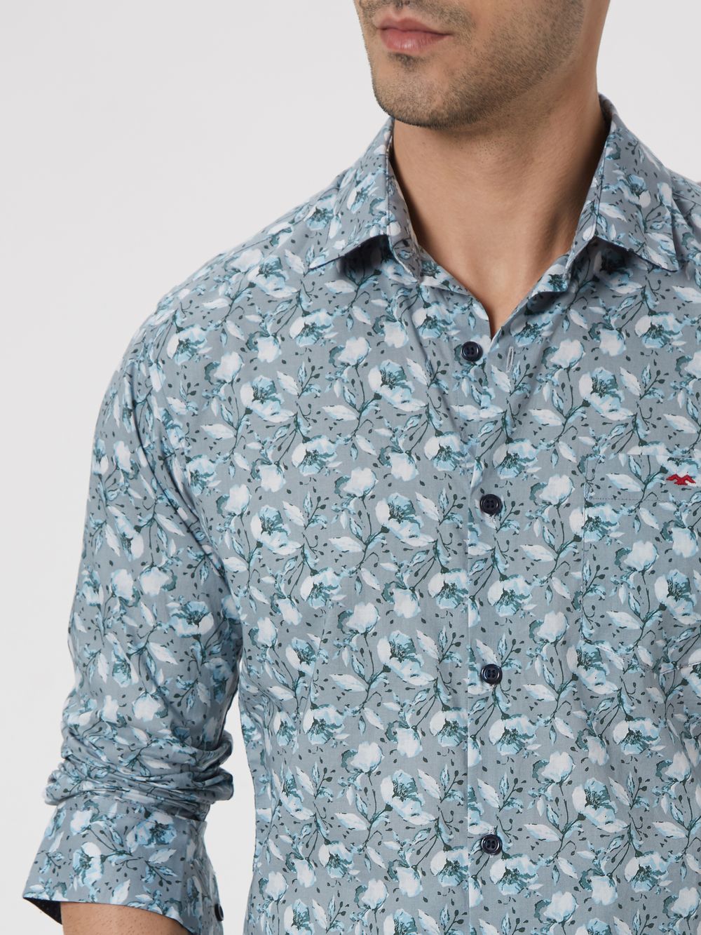 Grey & White Floral Print Slim Fit Casual Shirt