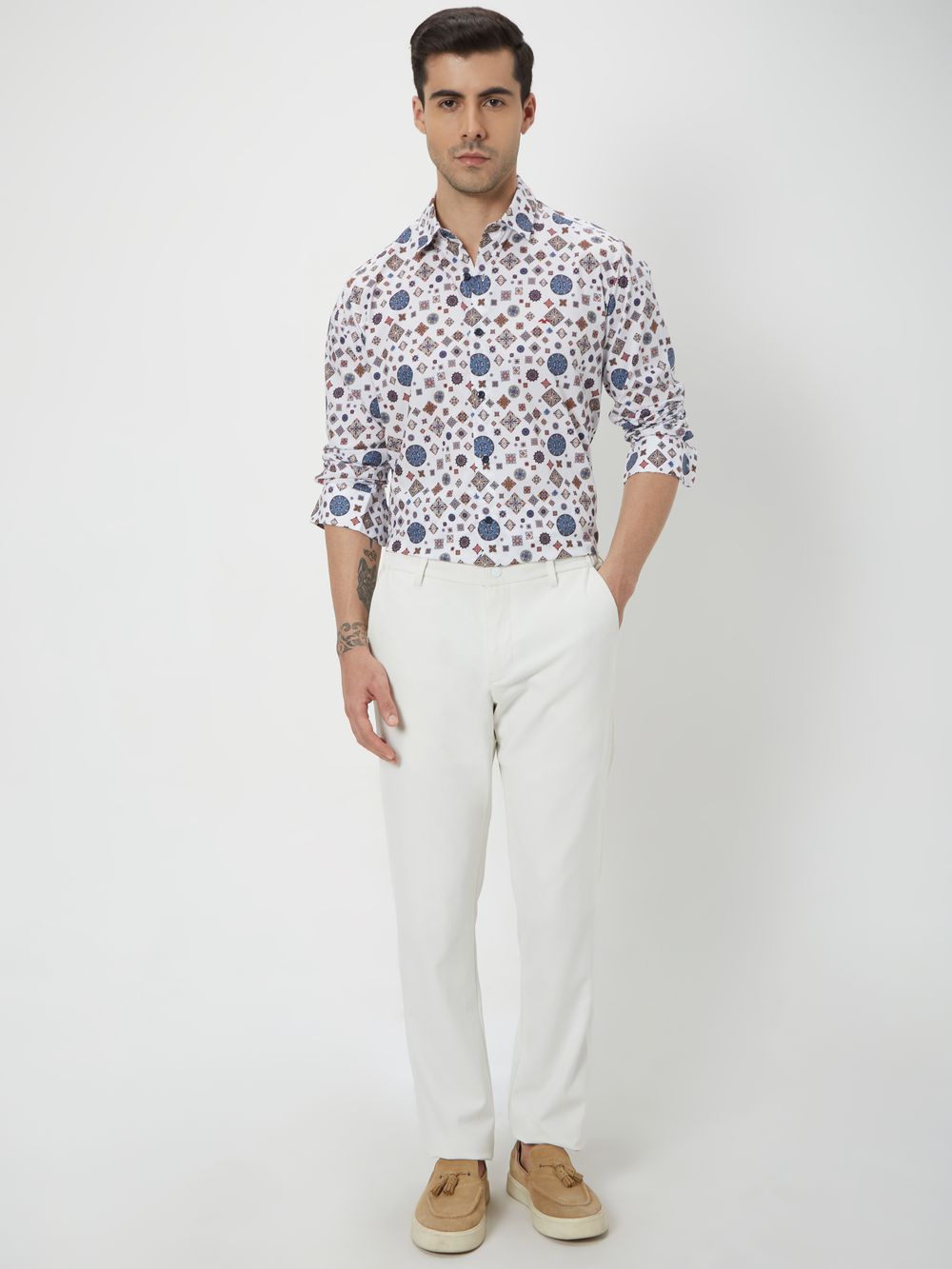 White & Multi Digital Print Slim Fit Casual Shirt