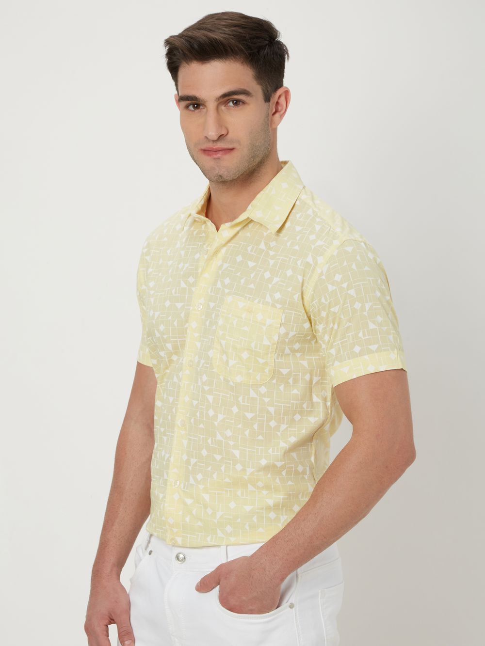 Light Yellow & White Geometric Print Shirt