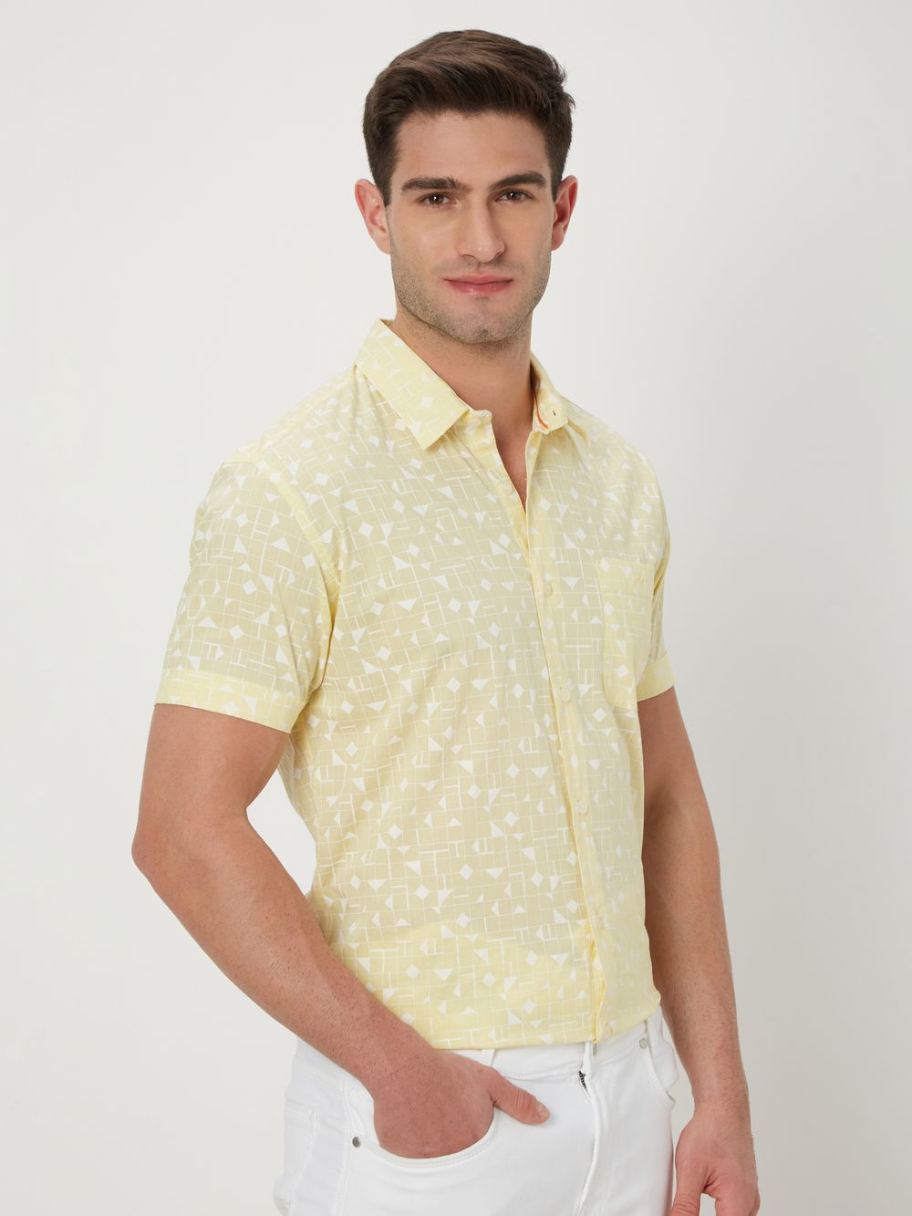 Light Yellow & White Geometric Print Shirt