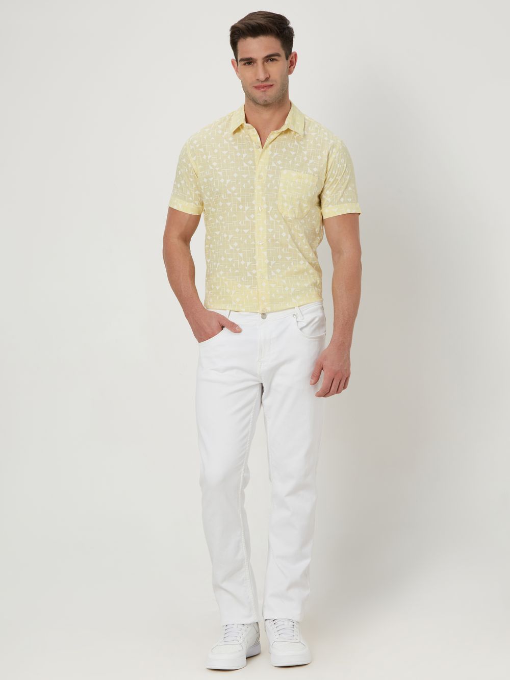 Light Yellow & White Geometric Print Shirt