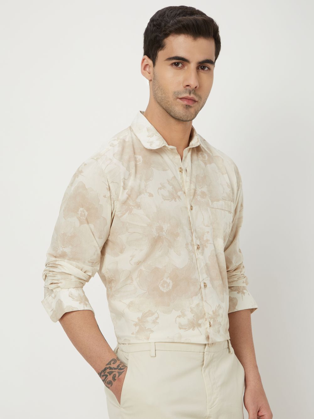 Beige & White Floral Print Shirt