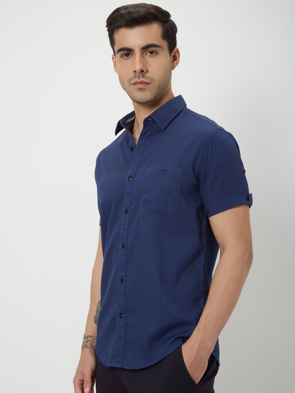 Navy Textured Slim Fit Casual Shirt