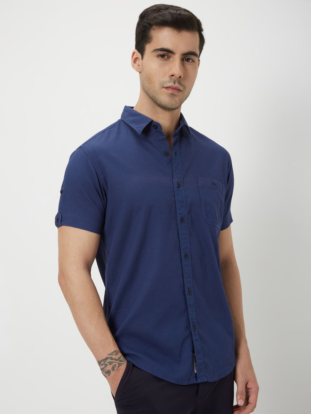 Navy Textured Slim Fit Casual Shirt