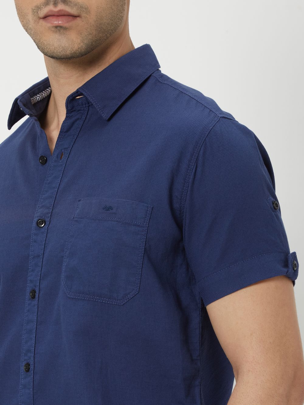 Navy Textured Slim Fit Casual Shirt