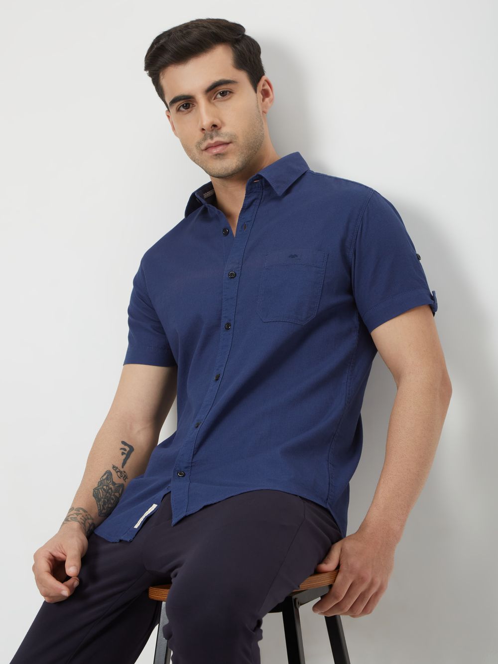Navy Textured Slim Fit Casual Shirt